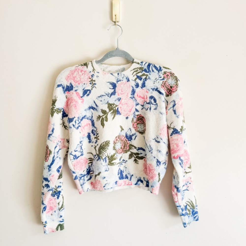 Zara Floral Crewneck Sweater in White, Pink, Blue, Olive